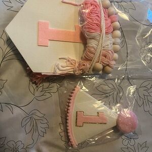 Pink and Cream Kids Party Hat and Banner Set